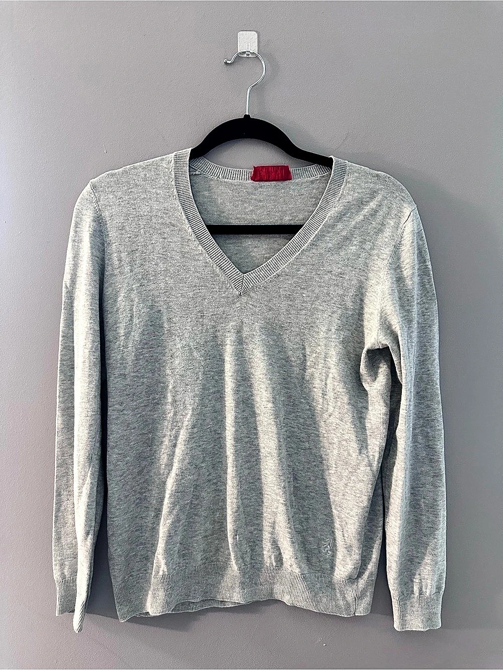 Pringle of Scotland Grey V-Neck Cotton Sweater Size M Lion Logo Preppy Heritage